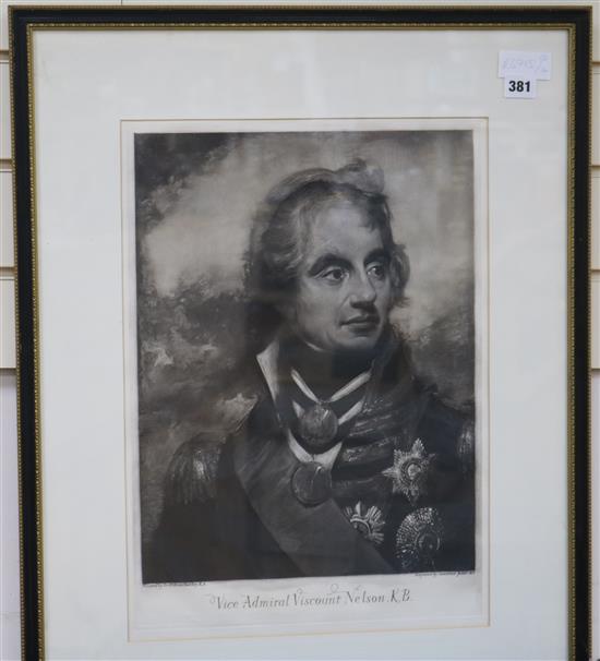 Josset after Beechey, mezzotint, portrait of a Vice Admiral Viscount Nelson, 48 x 35cm and 2 other prints -